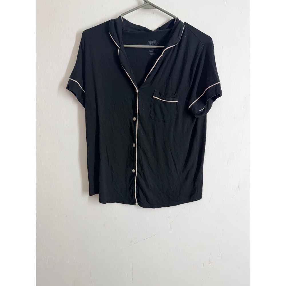 Stars Above Black Beautifully Soft Pajama Top Short Sleeve Button Down Small